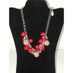 A Jules B Women's Necklace Chunky Red and Rhinestone Beads Sparkly Trendy
